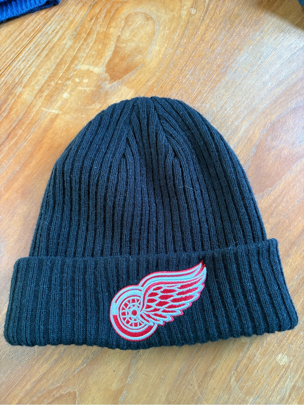 Fanatics Black Knit Beanie with Red & White Detroit Winged Wheel Patch